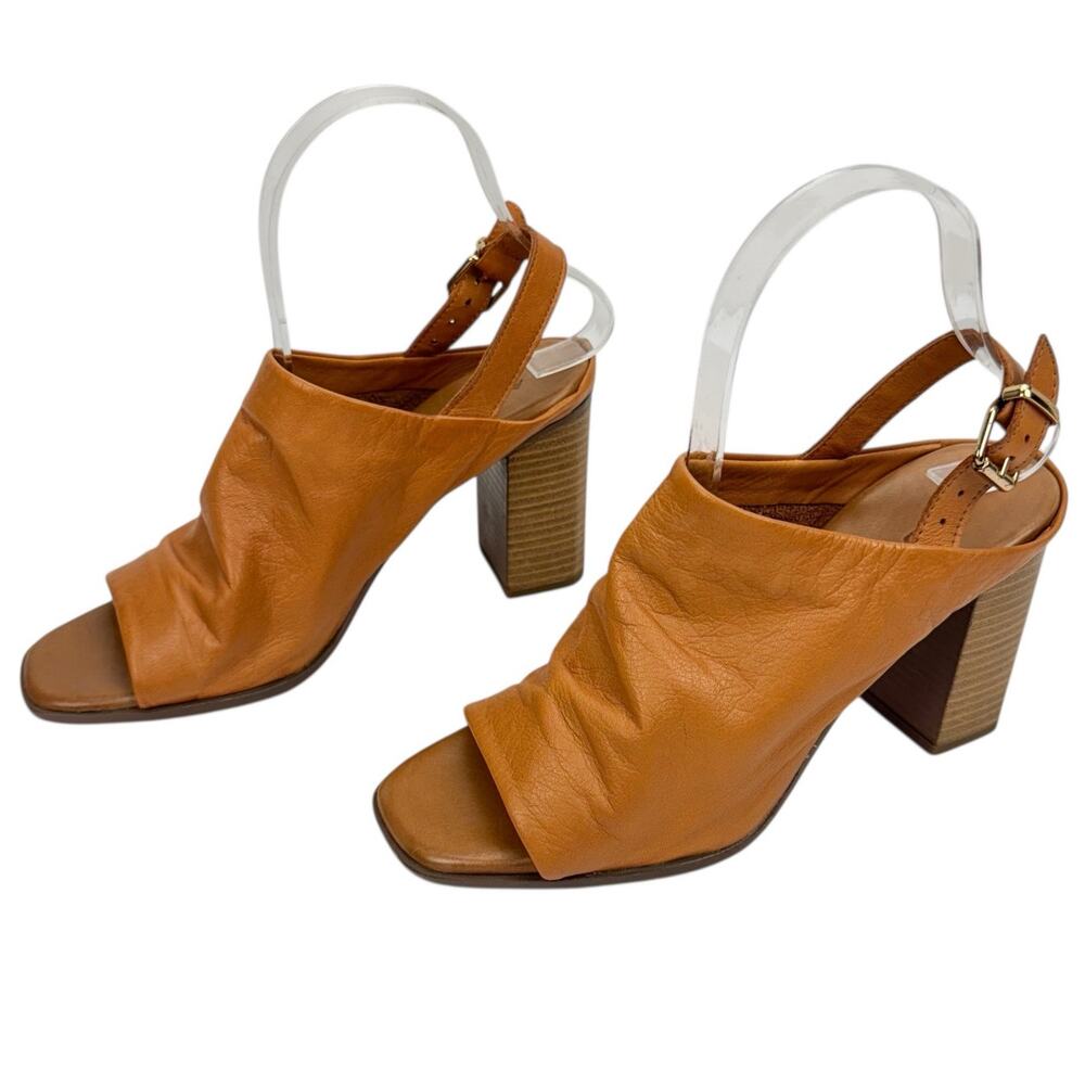 Aldo‎ Tan Leather Open Toe Block High Heel Slingback Sandals Sz 6.5 Comfort Soft
